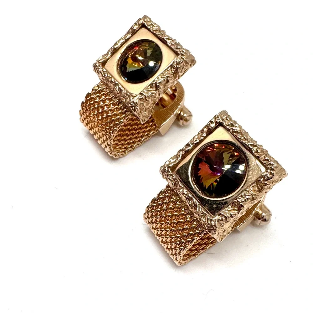 Vintage Watermelon Rivoli Wraparound Cufflinks Textured Square Goldtone Mesh